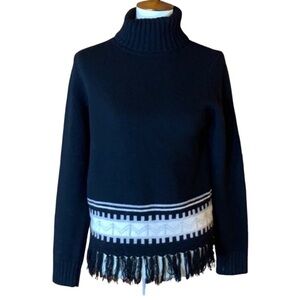 Lord & Taylor Navy Blue Turtleneck Sweater with Elegant Fringe